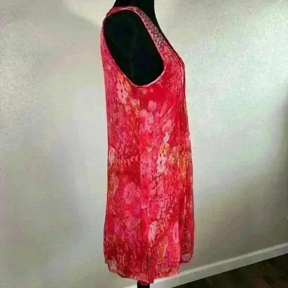 Alberto Makali Floral Gauzy Double Lined Silver Sequin Pink Sleeveless Dress XL - Picture 6 of 10